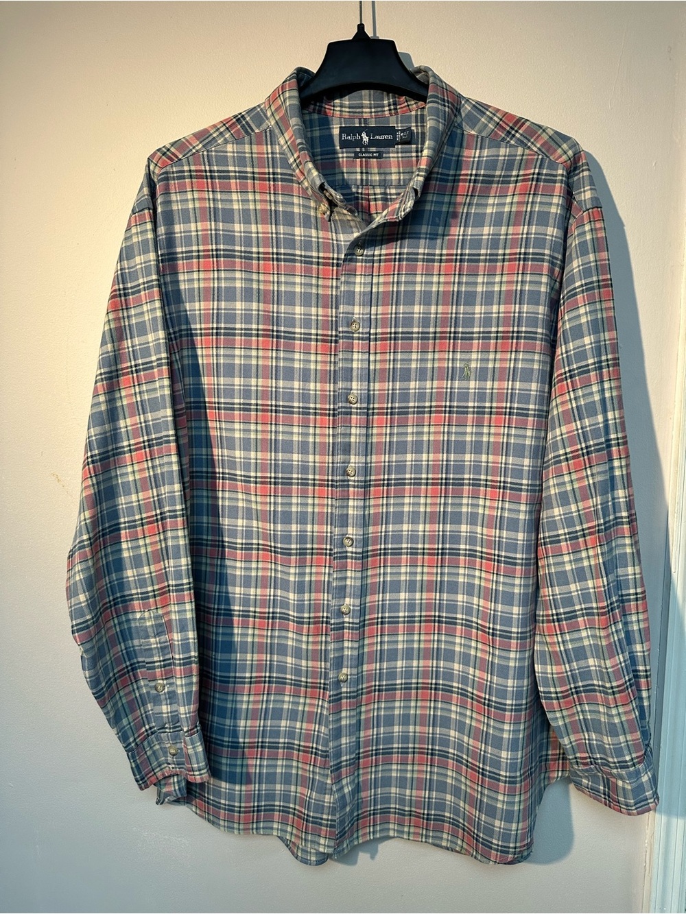 Vintage Ralph Lauren Plaid Button-Down Shirt in Blue, Dusty Rose , Cream